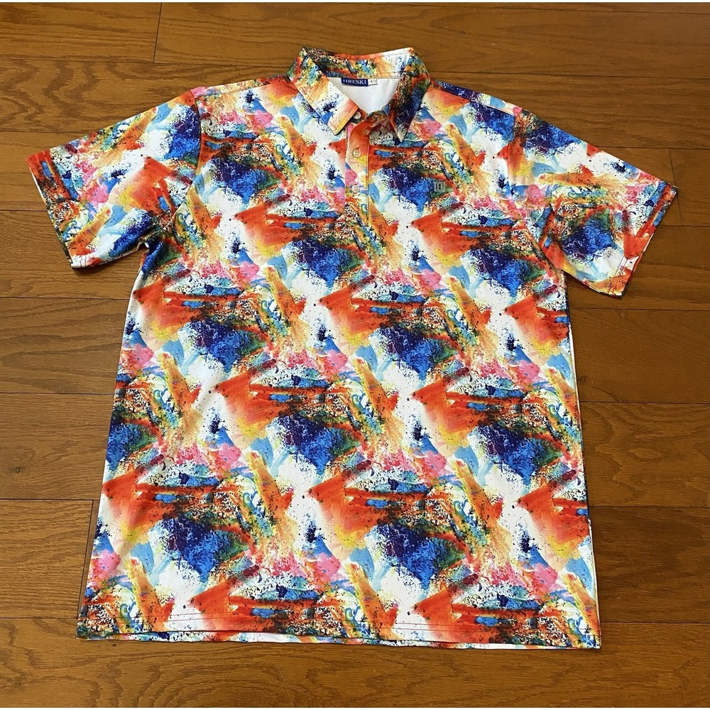 Hreski Polo Mens Large Geometric Golf Preppy Psychedelic Trippy Excellent Condit
